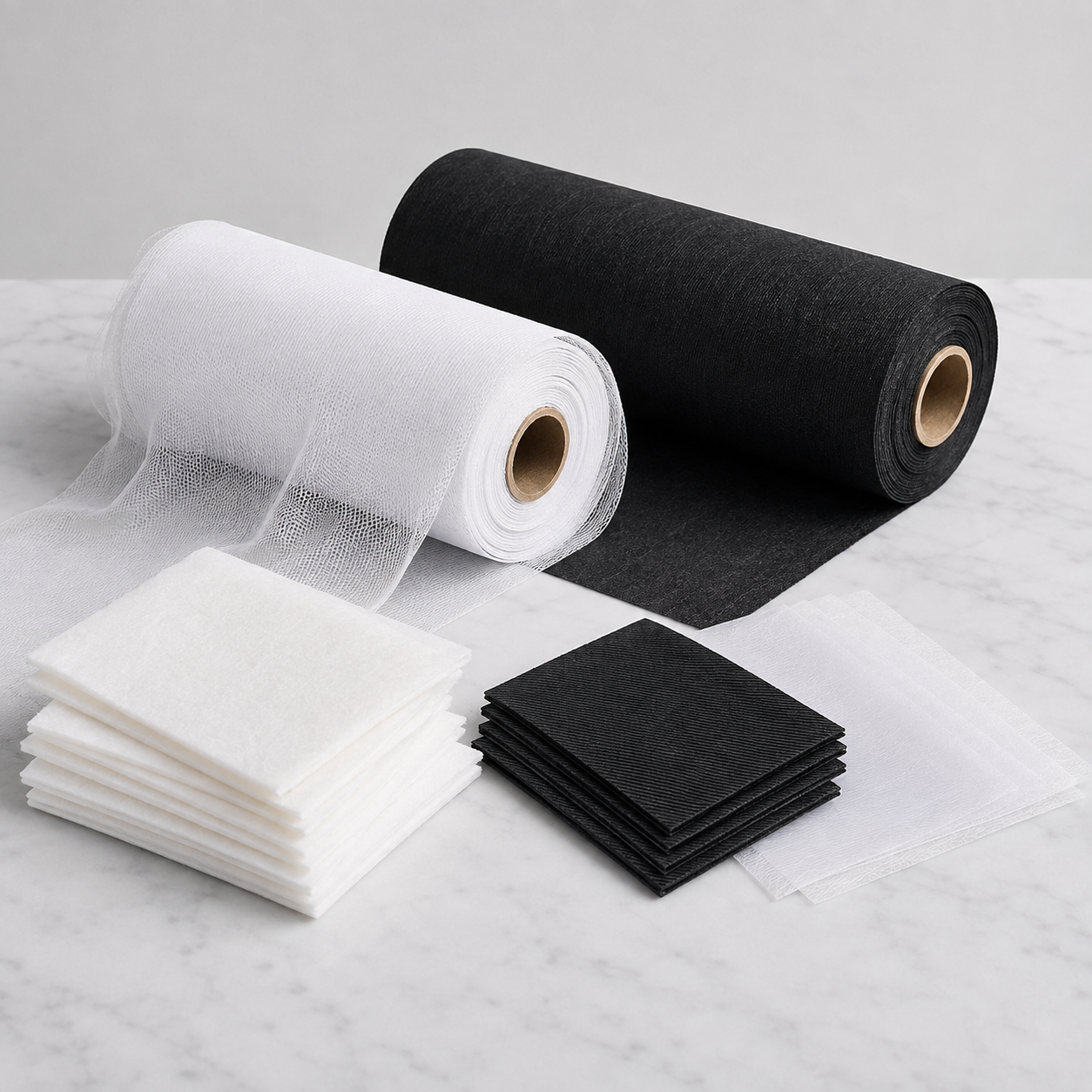Embroidery backing and stabilizer materials including black backing, white mesh, and backing sheets