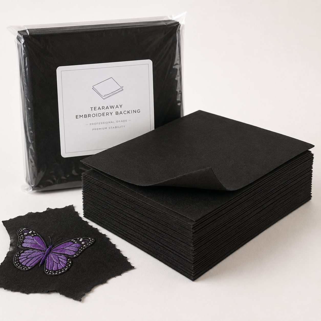 Black tearaway embroidery backing sheets and packaged tearaway backing